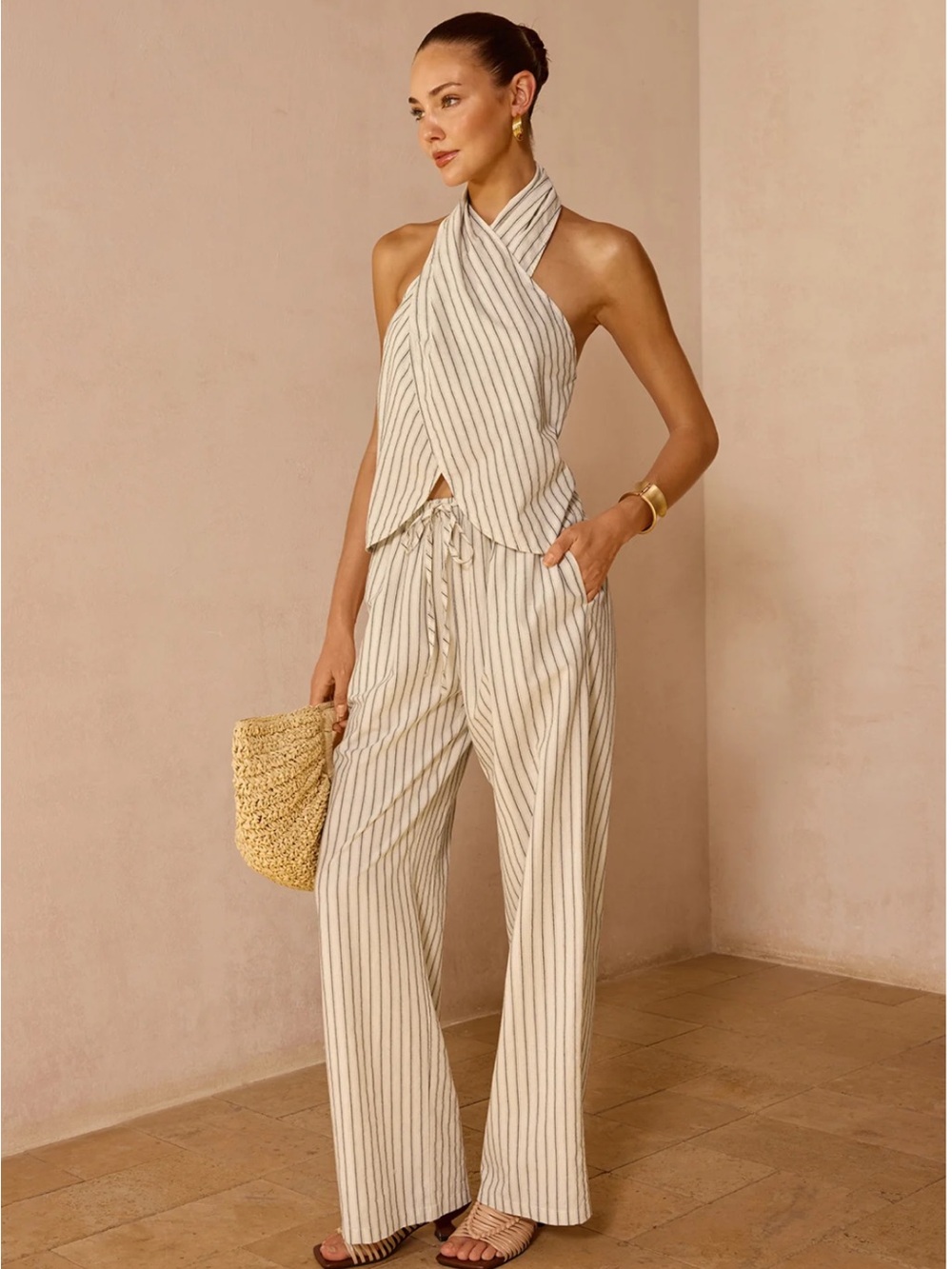 Commense Striped Cotton Linen Halter Top & Pants Set Size XL NWT